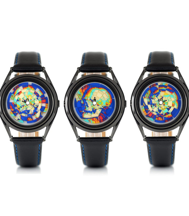 Ambassador colourful skull watch by Mr Jones Watches - flat view at three different times